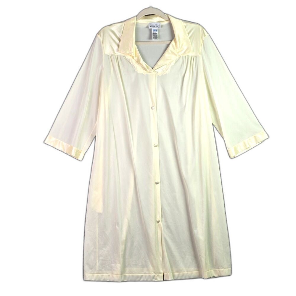 Vanity Fair Vintage Nylon Robe M Yellow Satin Collar Lace Trim 3/4 Sleeve